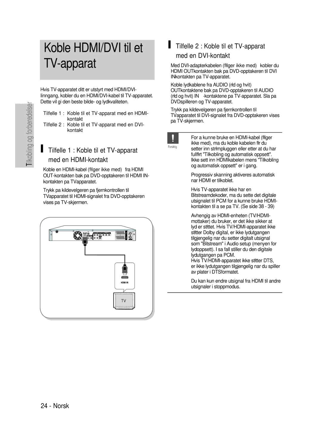 Samsung DVD-P390/XEE, DVD-HR735/XEE manual Koble HDMI/DVI til et, Med en HDMI-kontakt, Tilfelle 1 Koble til et TV-apparat 