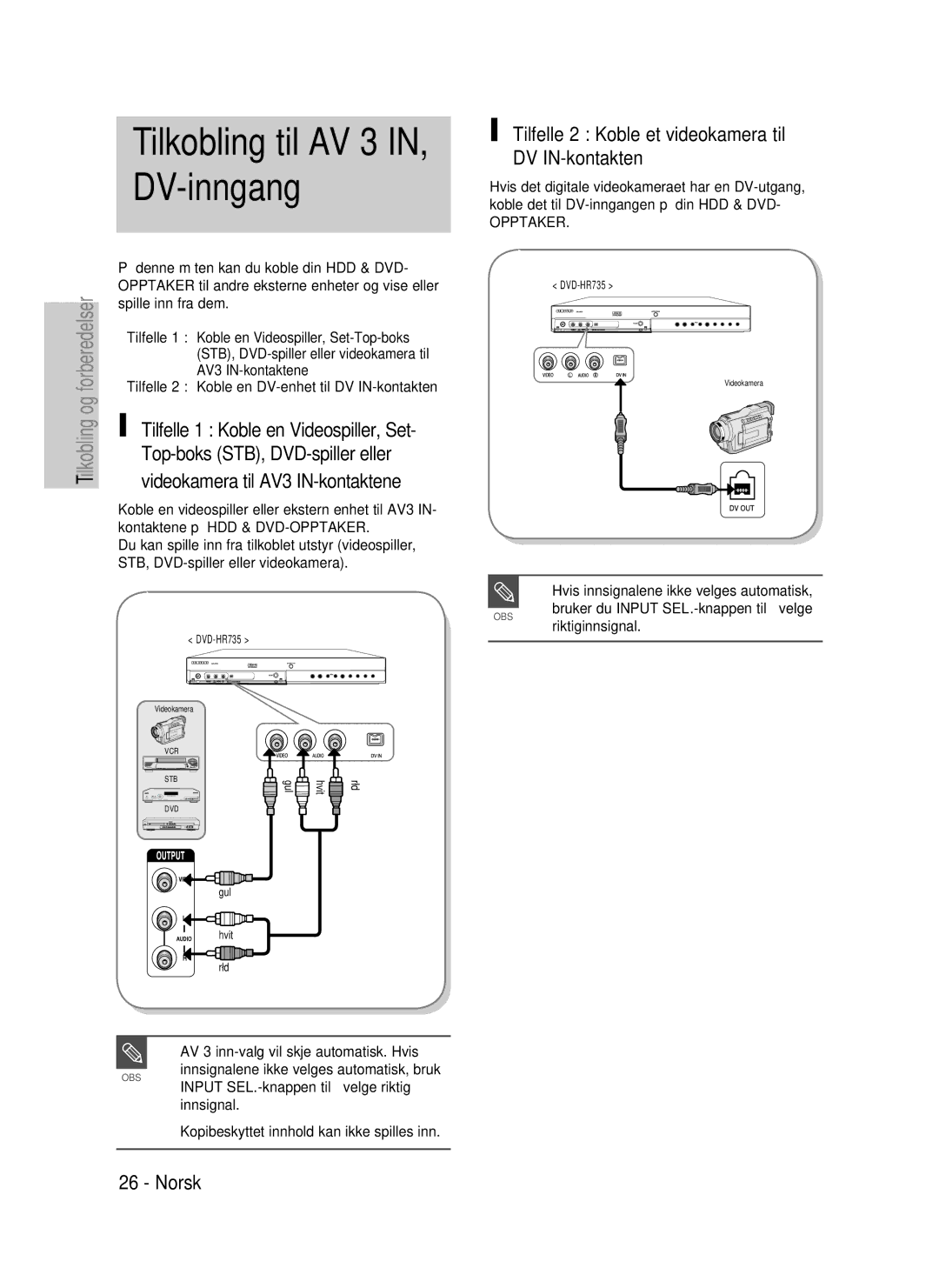 Samsung DVD-HR737/XEE, DVD-HR735/XEE, DVD-P390/XEE manual Top-boks STB, DVD-spiller eller, Videokamera til AV3 IN-kontaktene 