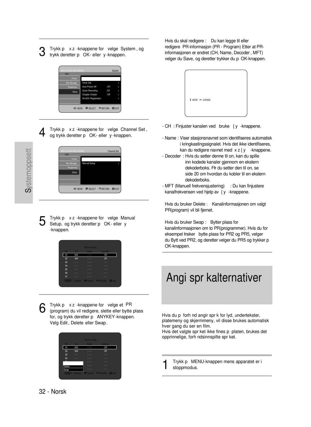 Samsung DVD-HR737/XEE, DVD-HR735/XEE, DVD-P390/XEE manual Angi språkalternativer 