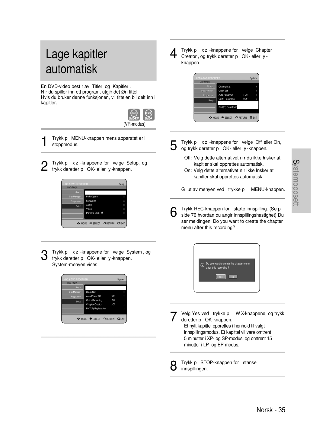 Samsung DVD-HR737/XEE, DVD-HR735/XEE, DVD-P390/XEE manual VR-modus, On Velg dette alternativet når ikke ønsker at 