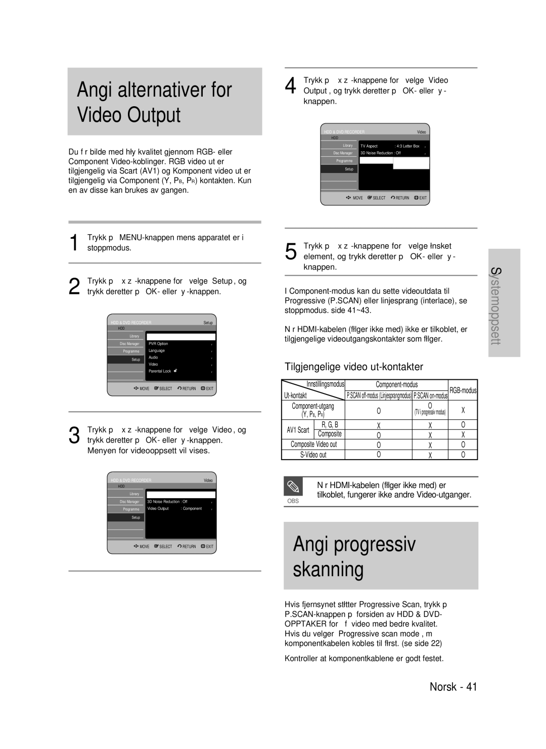 Samsung DVD-HR737/XEE manual Tilgjengelige video ut-kontakter, Component-modus kan du sette videoutdata til, Ut-kontakt 