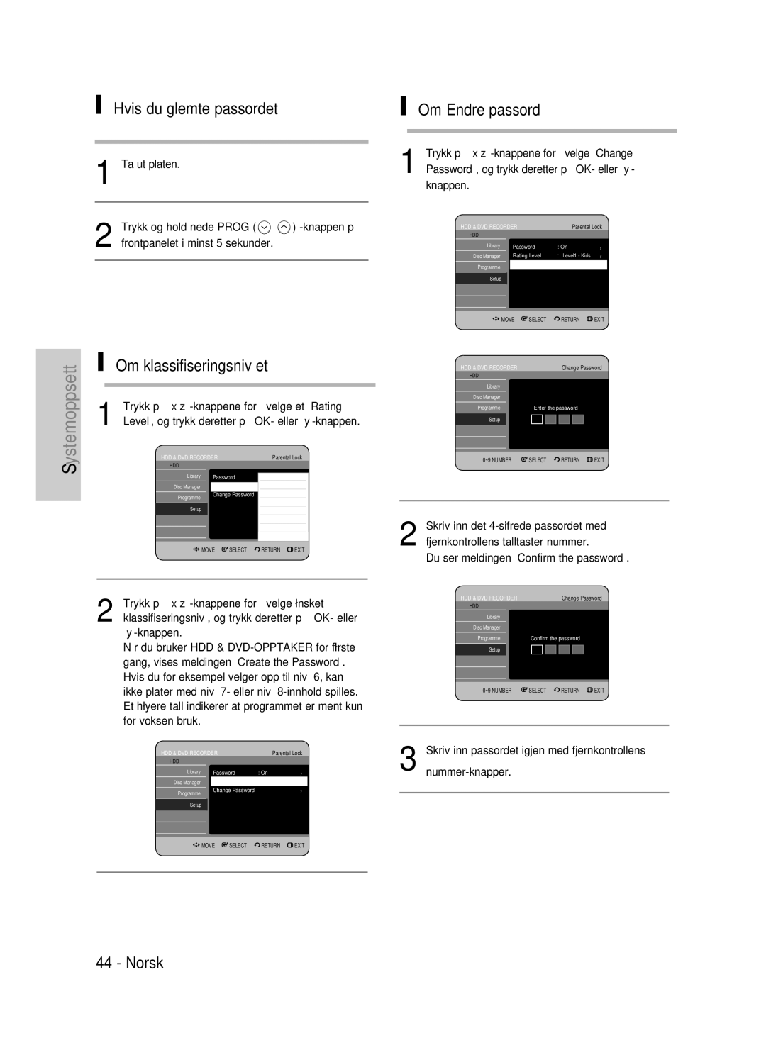 Samsung DVD-HR737/XEE manual Hvis du glemte passordet, Norsk Om Endre passord, Trykk på -knappene for å velge et Rating 