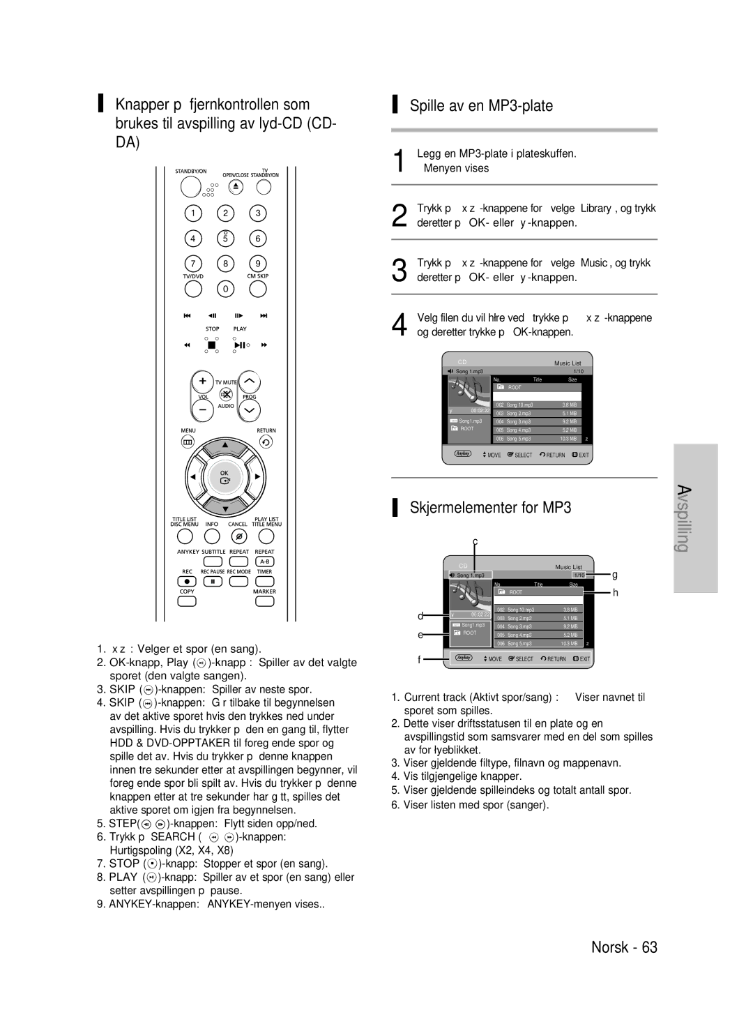 Samsung DVD-P390/XEE, DVD-HR735/XEE, DVD-HR737/XEE Skjermelementer for MP3, Legg en MP3-plate i plateskuffen, Menyen vises 