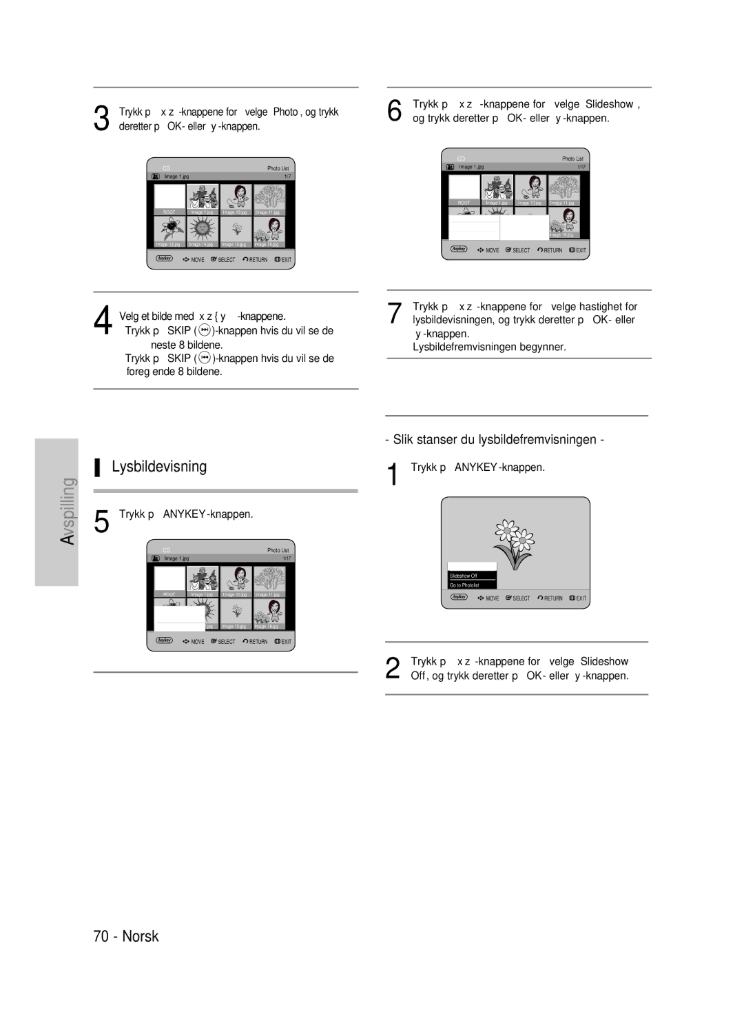 Samsung DVD-HR735/XEE, DVD-HR737/XEE, DVD-P390/XEE manual Lysbildevisning, Slik stanser du lysbildefremvisningen 