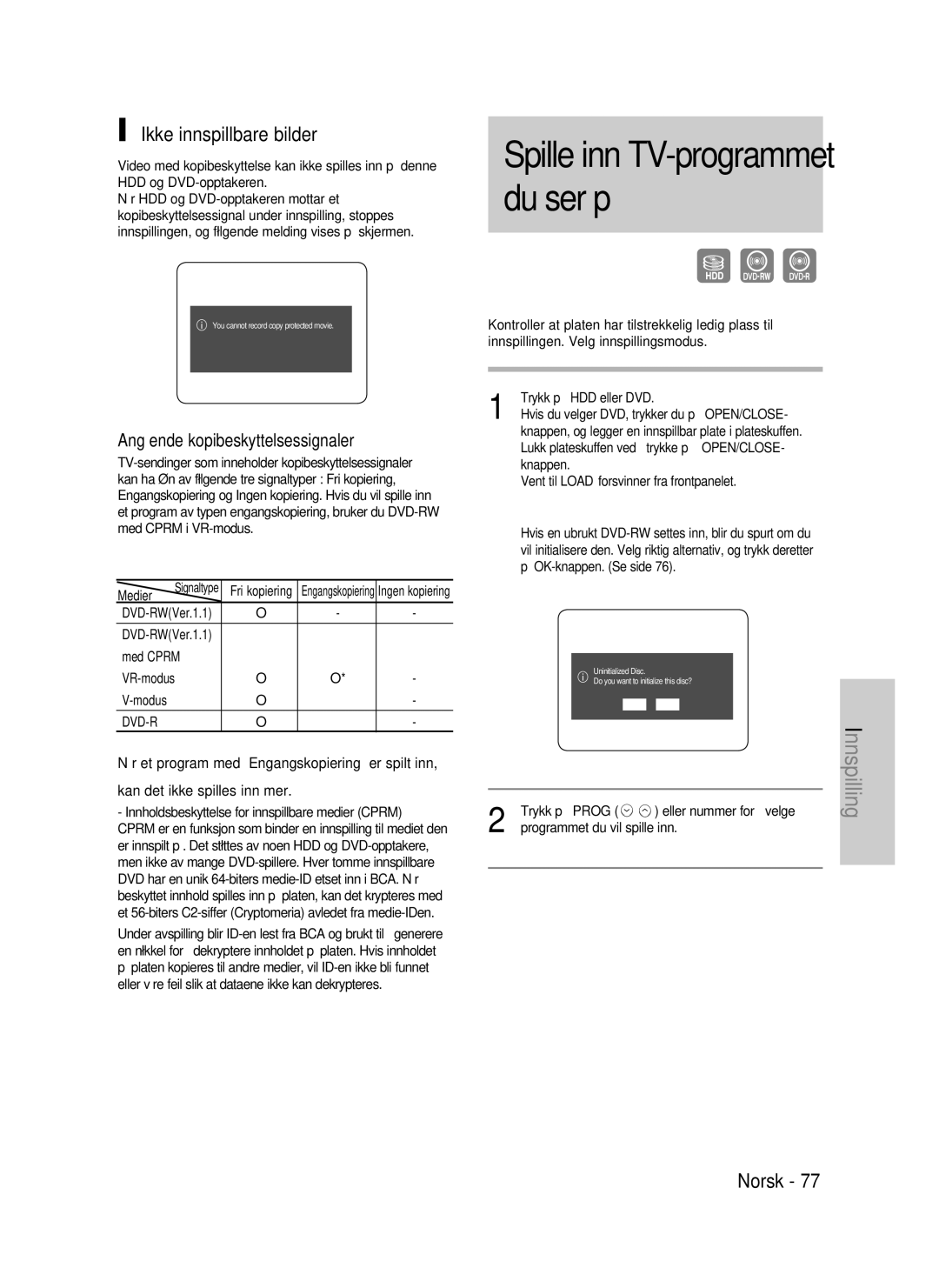 Samsung DVD-HR737/XEE, DVD-HR735/XEE manual Ikke innspillbare bilder, Angående kopibeskyttelsessignaler, Med Cprm VR-modus 