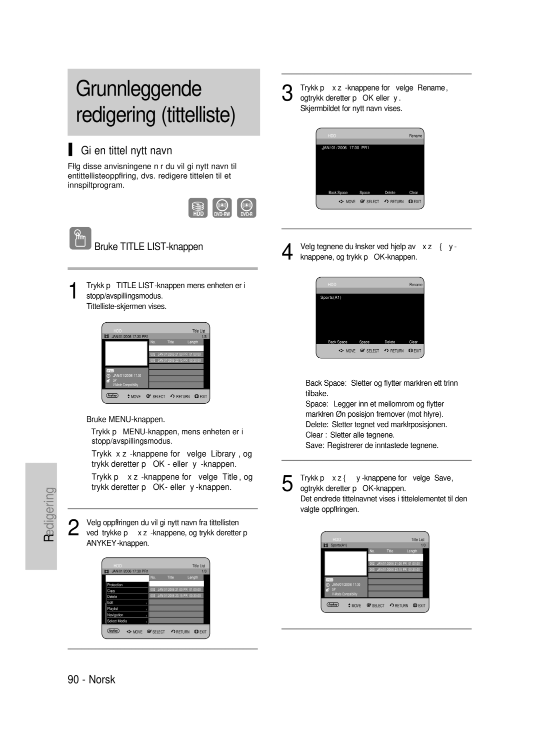 Samsung DVD-P390/XEE manual Gi en tittel nytt navn, Velg oppføringen du vil gi nytt navn fra tittellisten, ANYKEY-knappen 