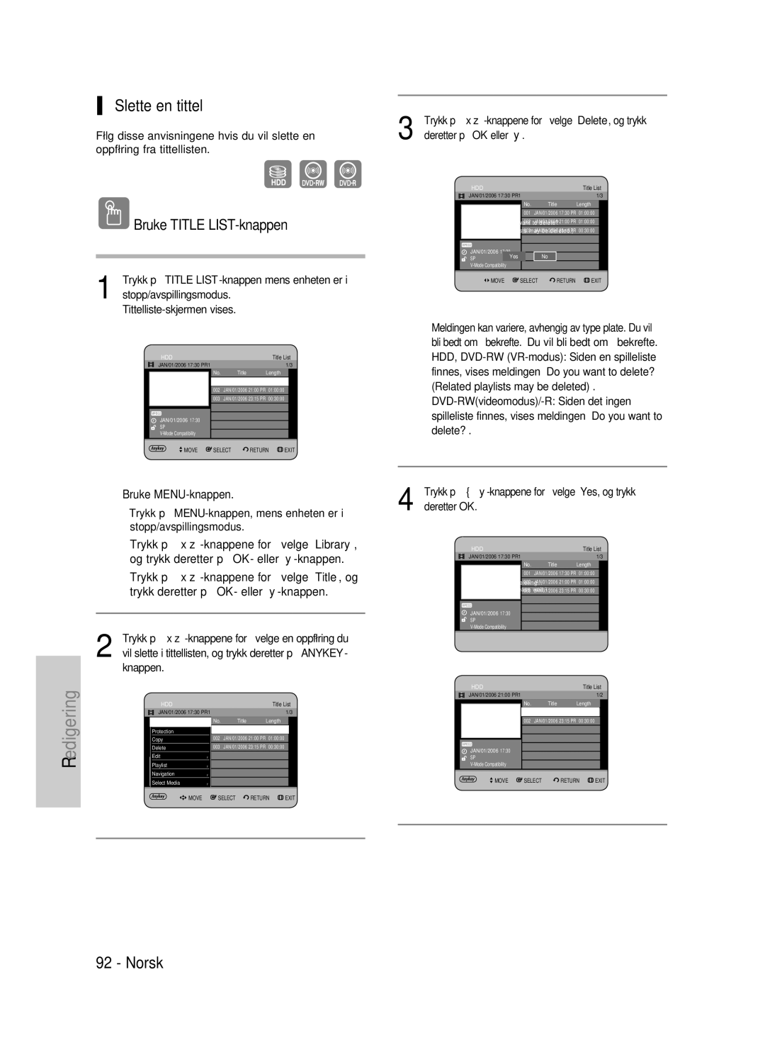 Samsung DVD-HR737/XEE, DVD-HR735/XEE, DVD-P390/XEE manual Slette en tittel, Edigering 