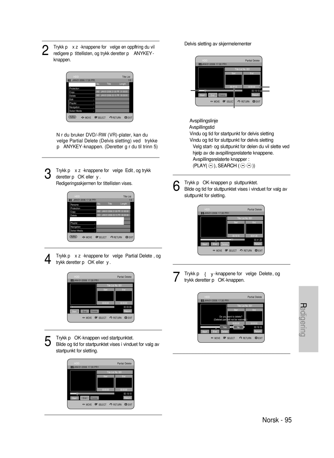 Samsung DVD-HR737/XEE, DVD-HR735/XEE manual Redigeringsskjermen for tittellisten vises, Trykk på OK-knappen ved startpunktet 