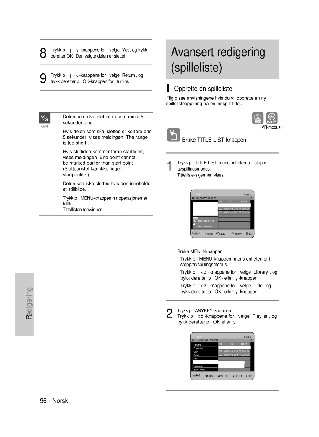 Samsung DVD-P390/XEE, DVD-HR735/XEE, DVD-HR737/XEE Opprette en spilleliste, Avspillingsmodus Tittelliste-skjermen vises 