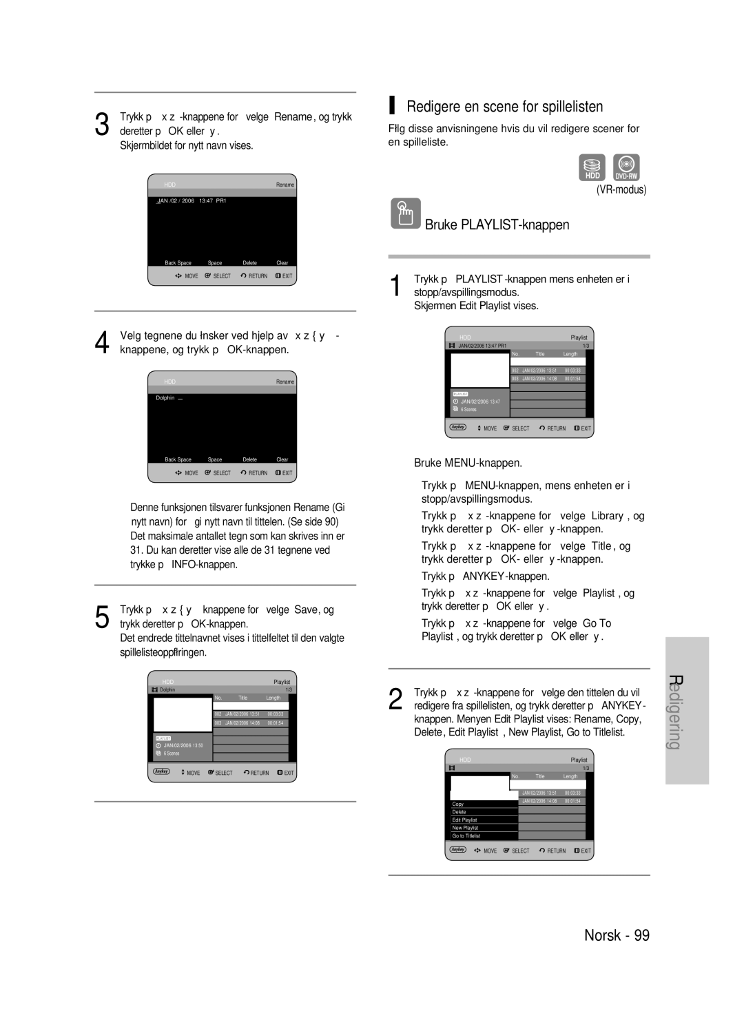 Samsung DVD-P390/XEE manual Redigere en scene for spillelisten, Deretter på OK eller, Velg tegnene du ønsker ved hjelp av 