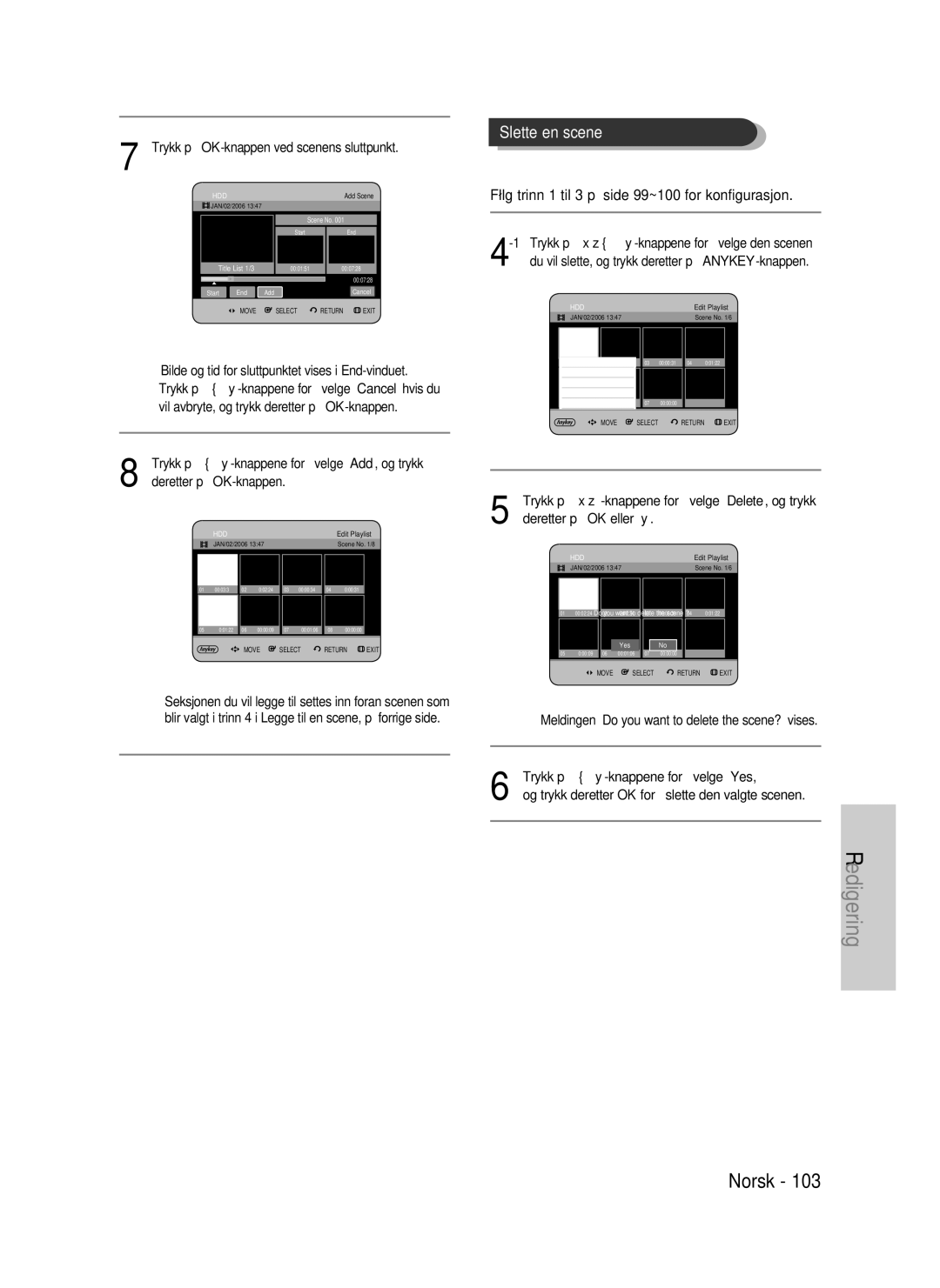 Samsung DVD-HR735/XEE, DVD-HR737/XEE, DVD-P390/XEE manual Slette en scene 