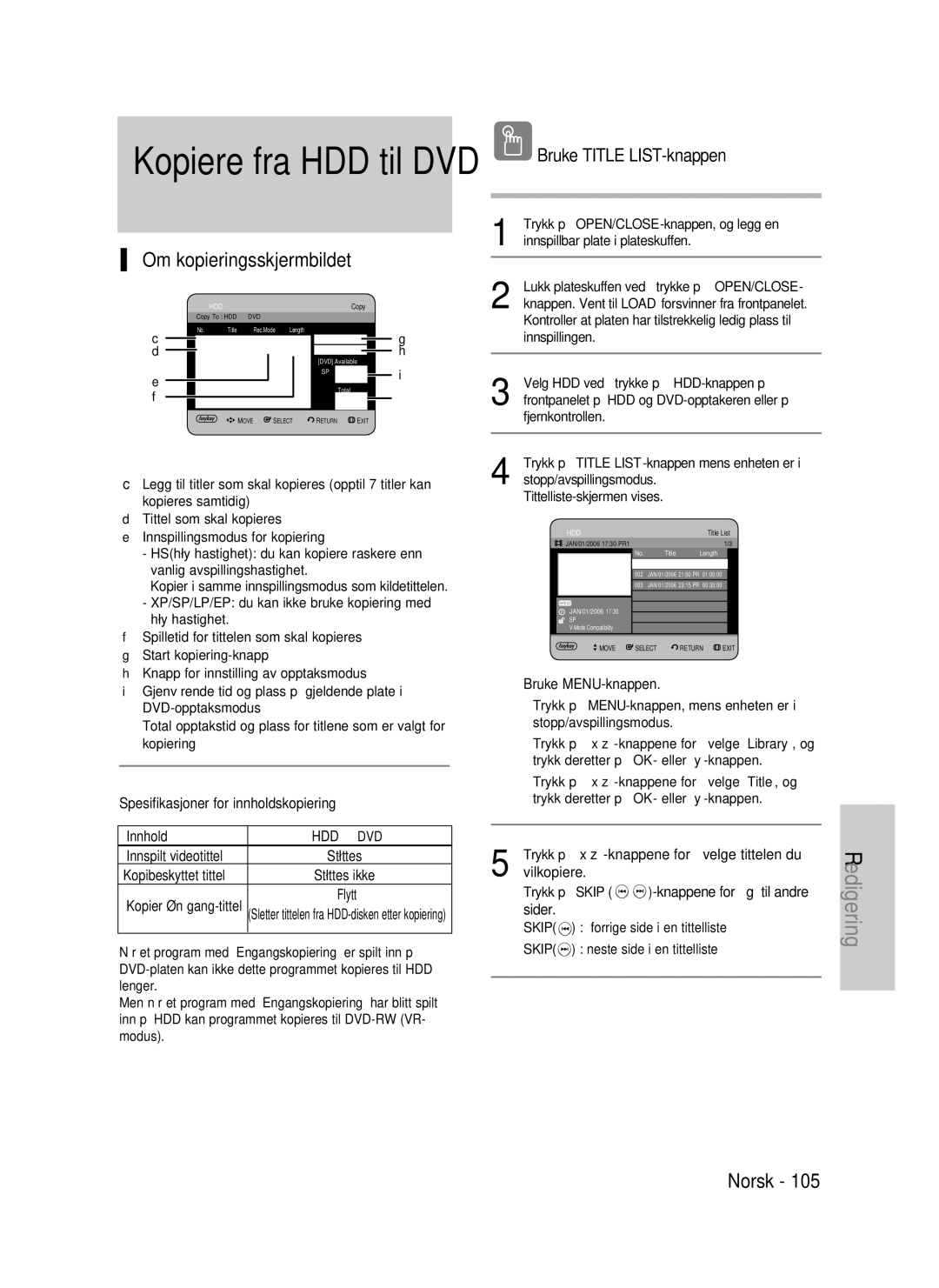 Samsung DVD-P390/XEE, DVD-HR735/XEE, DVD-HR737/XEE manual Kopiere fra HDD til DVD, Om kopieringsskjermbildet 