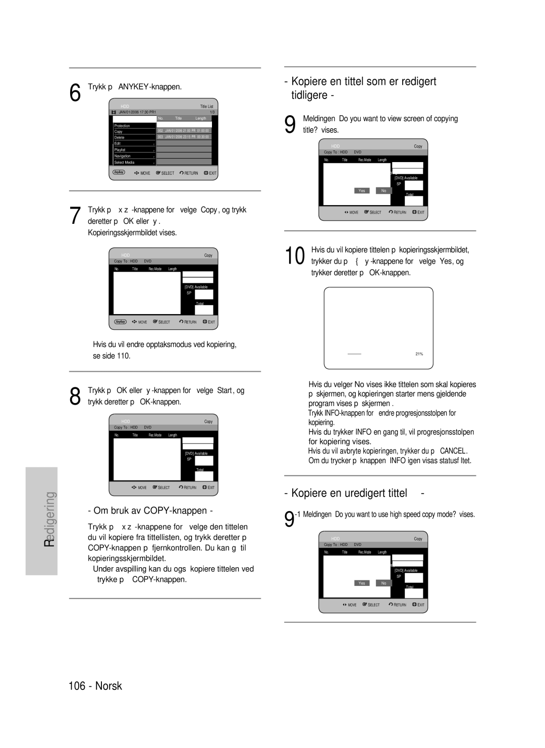 Samsung DVD-HR735/XEE Kopiere en tittel som er redigert tidligere, Kopiere en uredigert tittel, Om bruk av COPY-knappen 