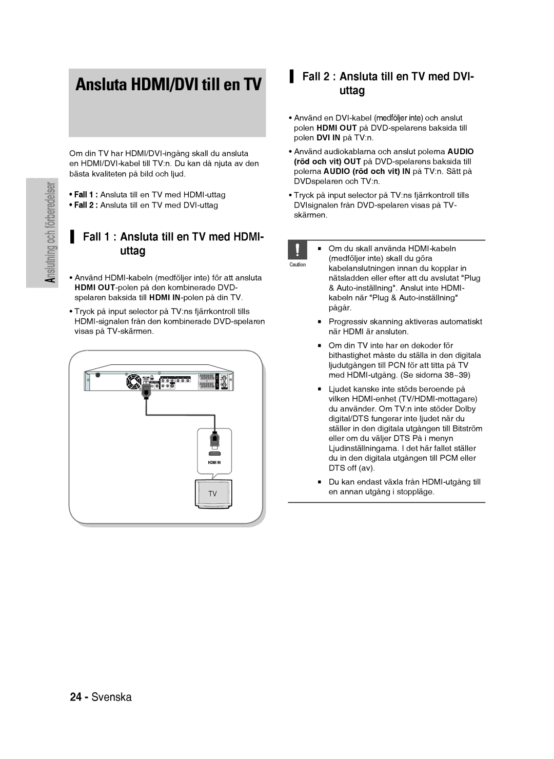 Samsung DVD-HR735/XEE, DVD-HR737/XEE Uttag, Fall 2 Ansluta till en TV med DVI- uttag, Fall 1 Ansluta till en TV med Hdmi 