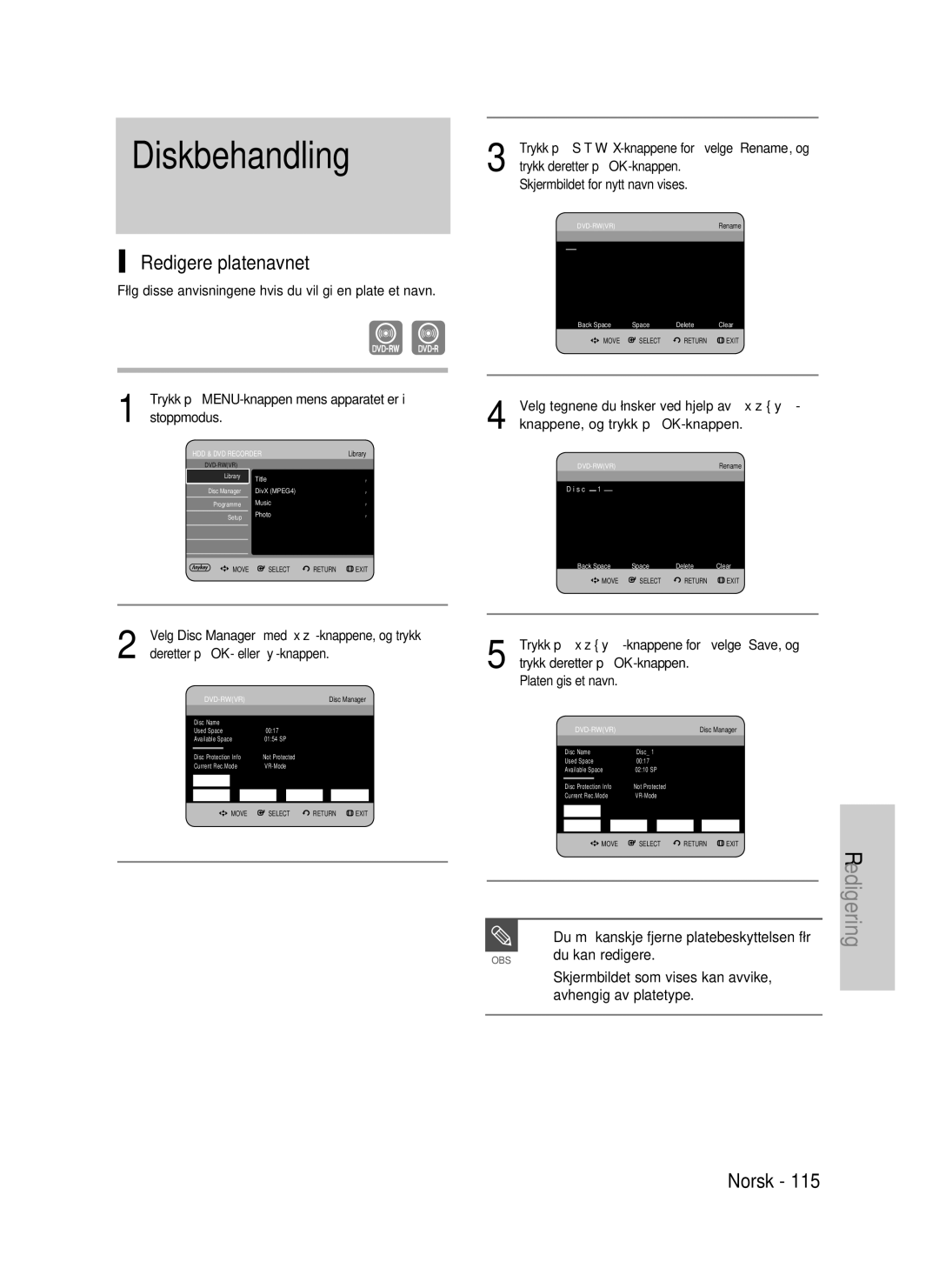 Samsung DVD-HR735/XEE Redigere platenavnet, Du kan redigere, Skjermbildet som vises kan avvike, avhengig av platetype 