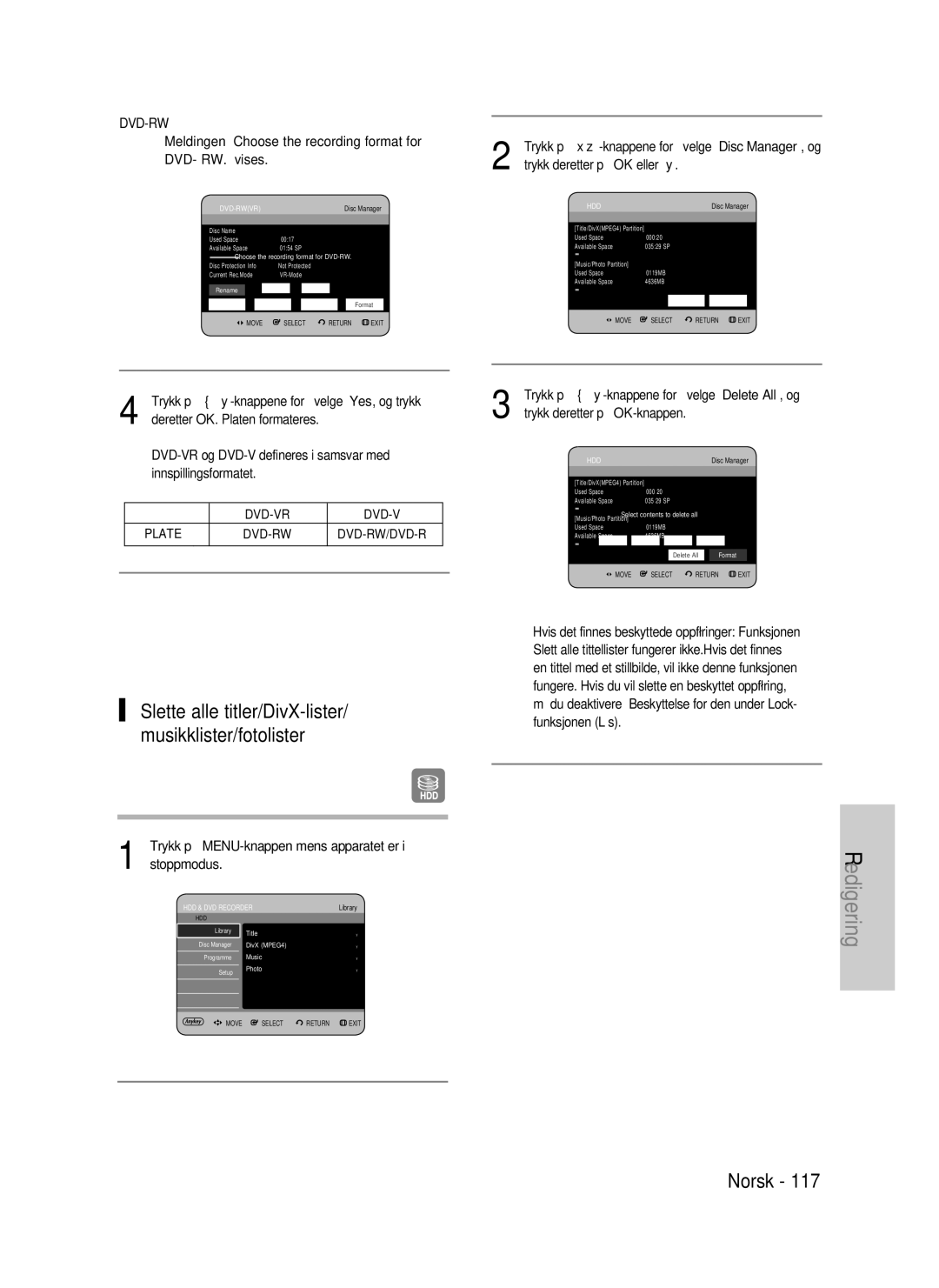 Samsung DVD-P390/XEE, DVD-HR735/XEE, DVD-HR737/XEE manual Meldingen Choose the recording format for DVD- RW. vises 