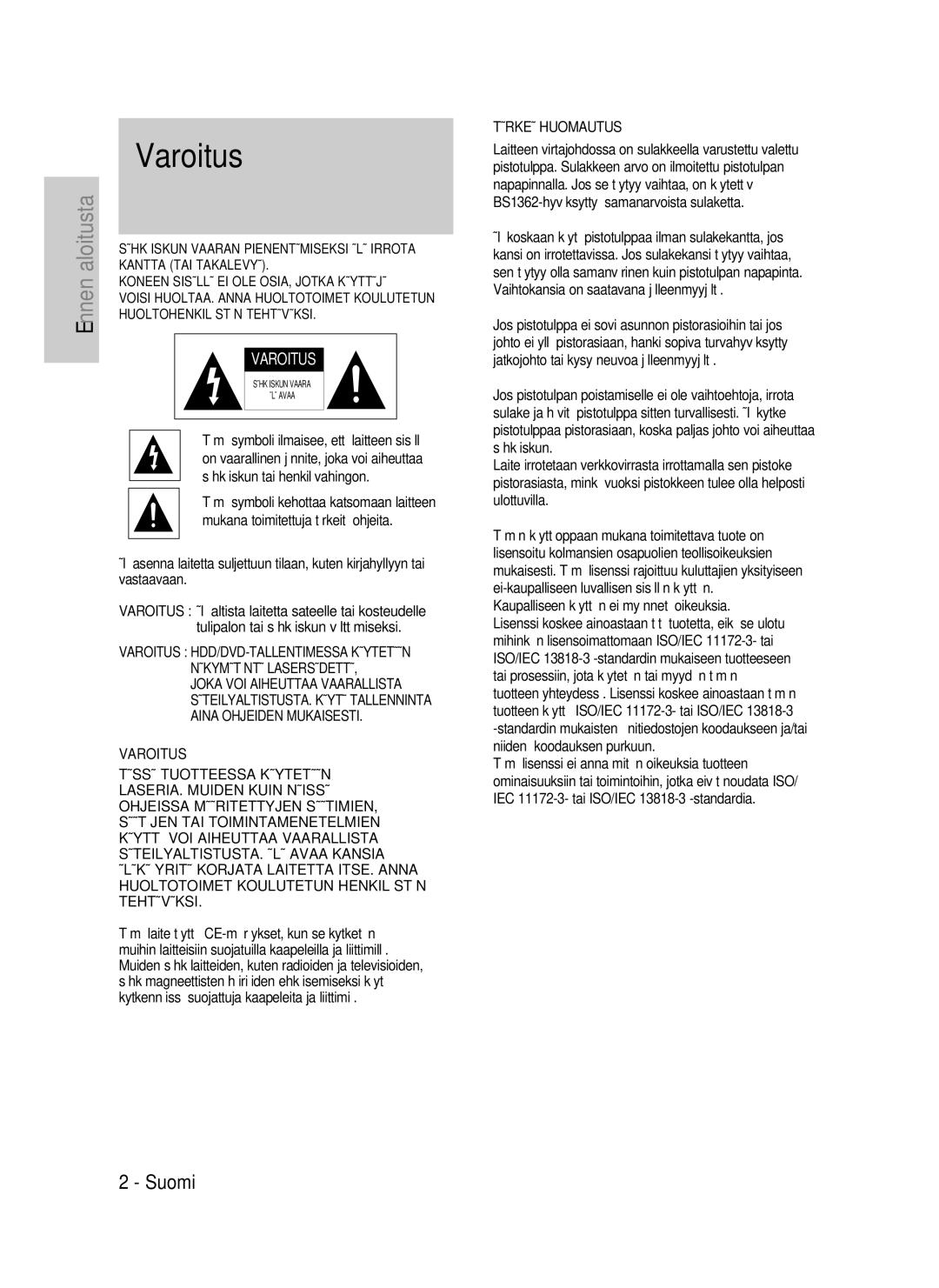 Samsung DVD-HR735/XEE, DVD-HR737/XEE, DVD-P390/XEE manual Varoitus 