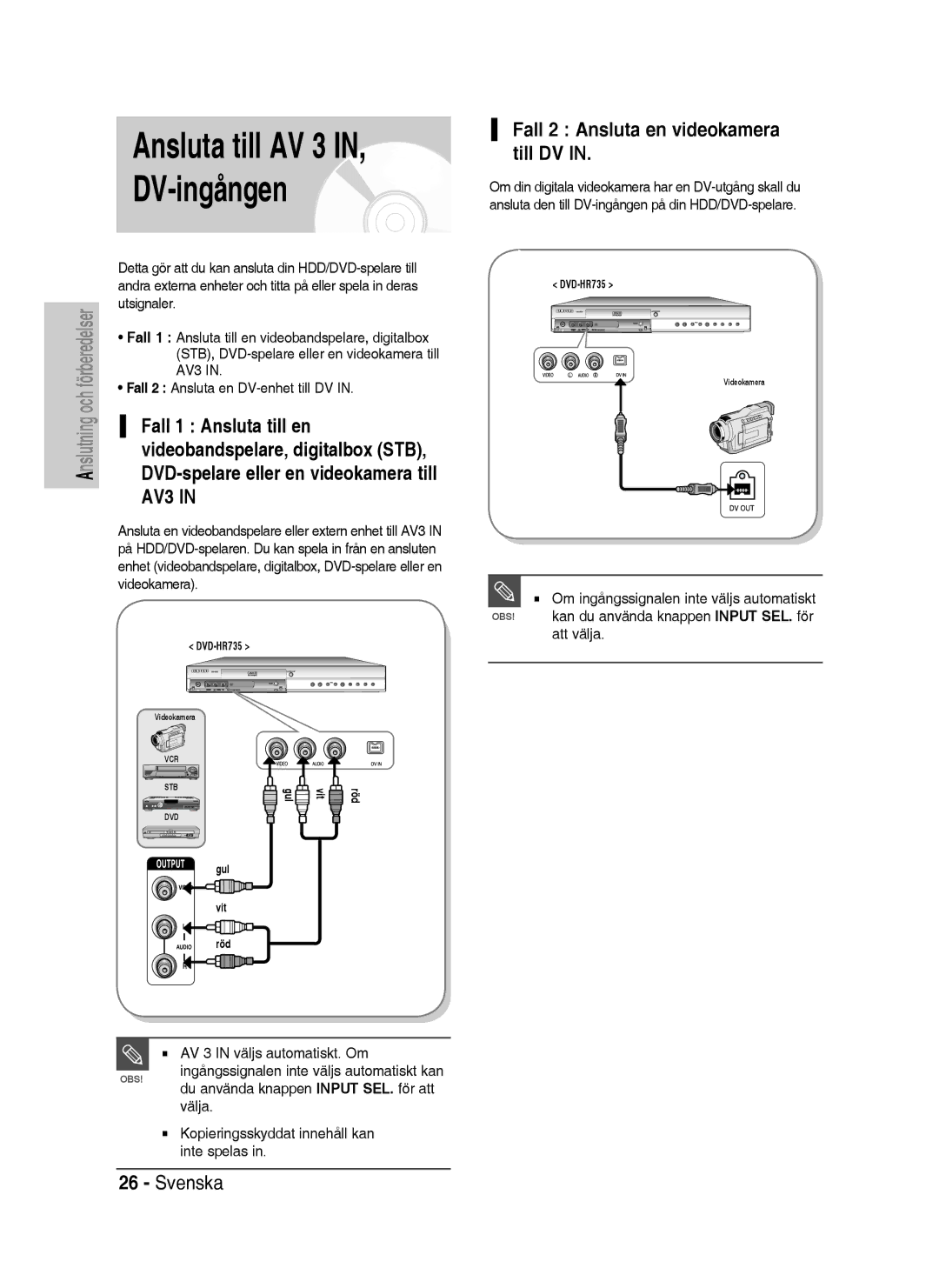 Samsung DVD-P390/XEE manual Ansluta till AV 3 DV-ingången, Fall 2 Ansluta en videokamera till DV, Utsignaler, Videokamera 