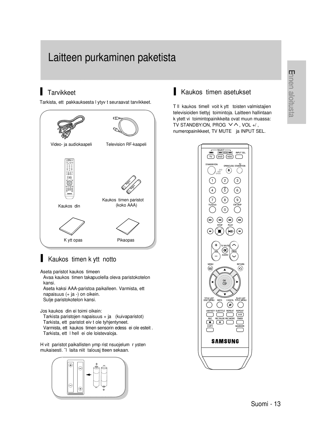 Samsung DVD-P390/XEE manual Laitteen purkaminen paketista, Tarvikkeet, Kaukosäätimen käyttöönotto, Kaukosäätimen asetukset 