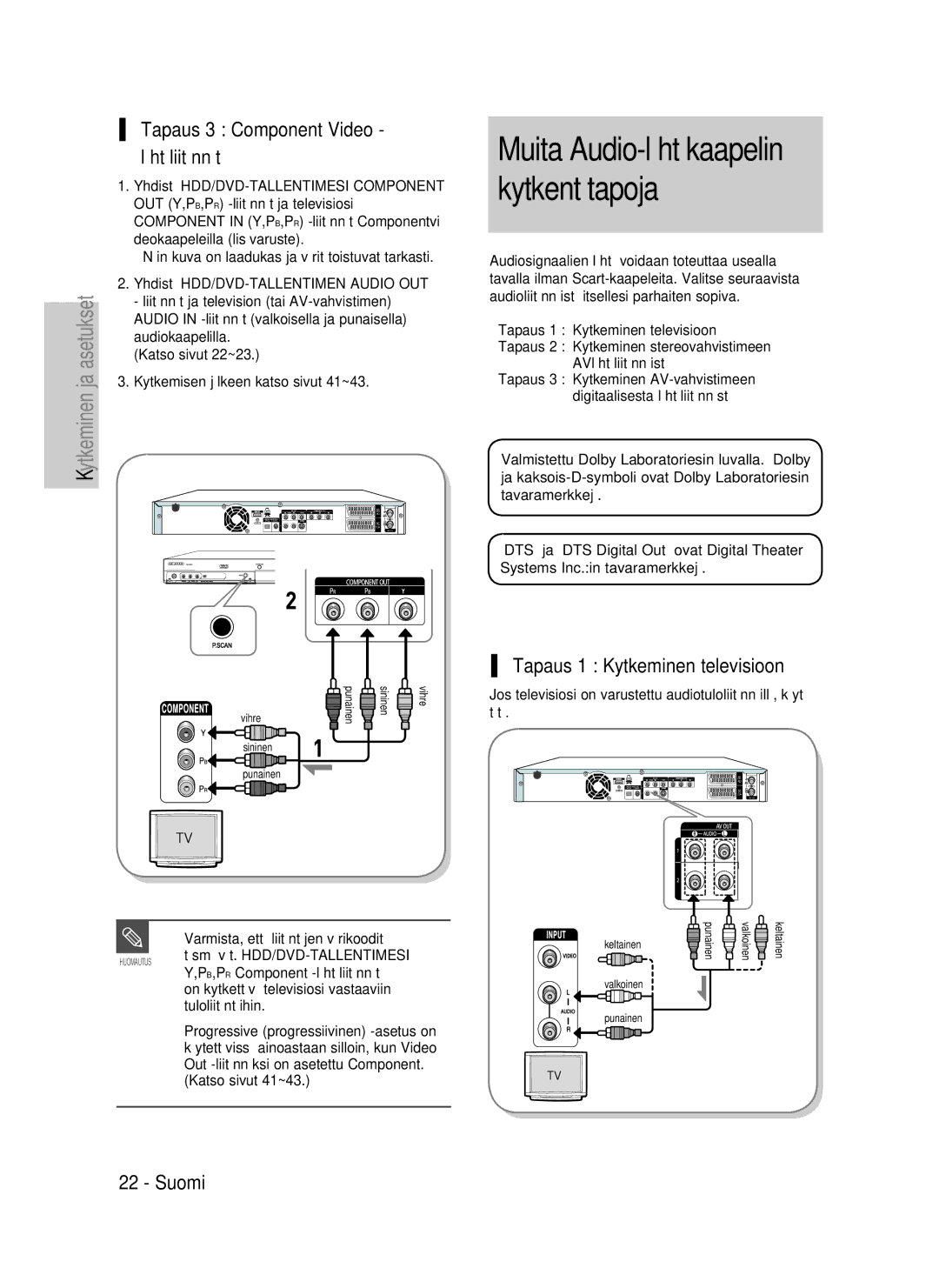 Samsung DVD-P390/XEE, DVD-HR735/XEE manual Muita Audio-lähtökaapelin kytkentätapoja, Tapaus 3 Component Video lähtöliitännät 