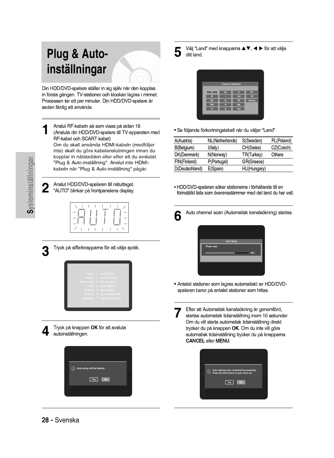 Samsung DVD-HR737/XEE manual Anslut RF-kabeln så som visas på sidan, RF-kabel och SCART-kabel, Ditt land, SSweden, ESpain 