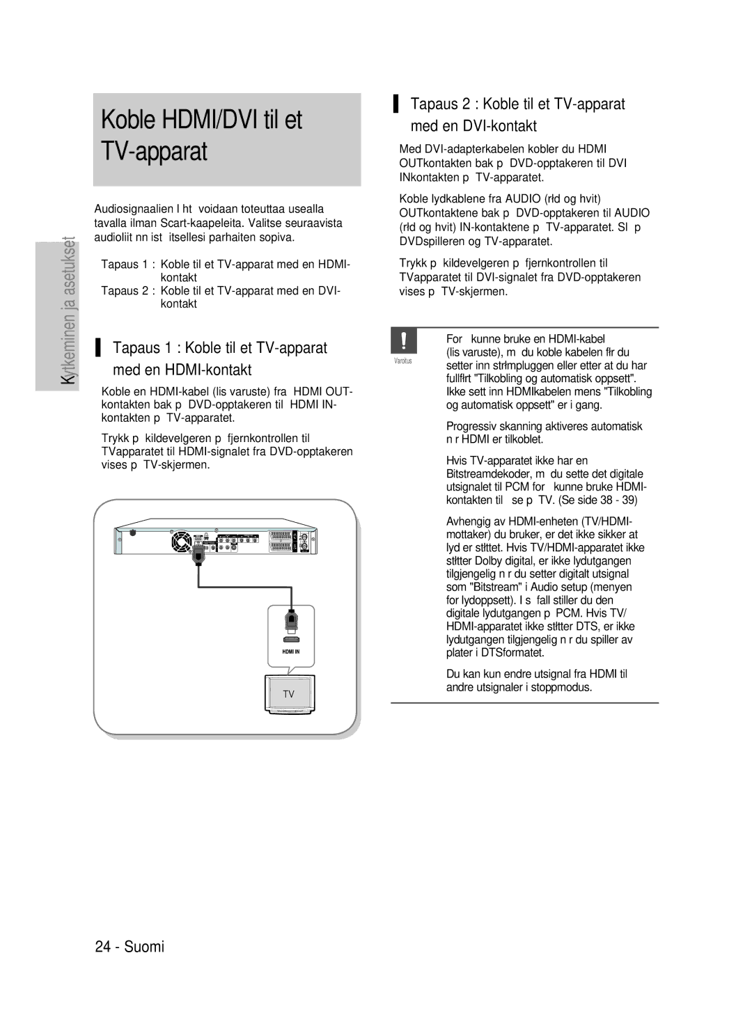 Samsung DVD-HR737/XEE, DVD-HR735/XEE, DVD-P390/XEE manual Koble HDMI/DVI til et TV-apparat, Tapaus 1 Koble til et TV-apparat 