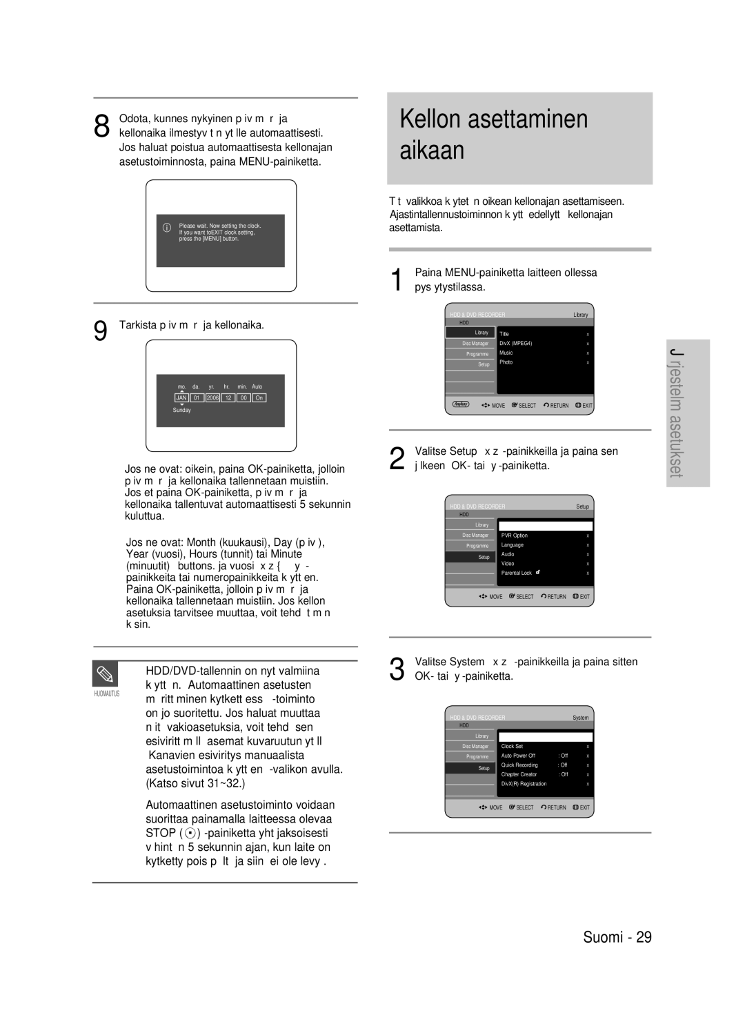 Samsung DVD-HR735/XEE, DVD-HR737/XEE, DVD-P390/XEE manual Kellon asettaminen aikaan 