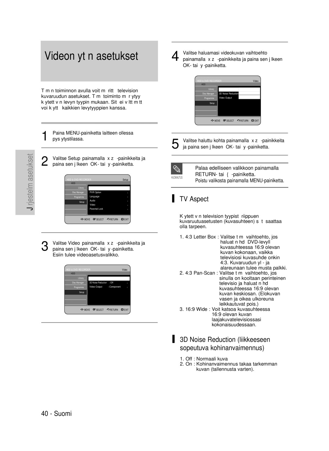 Samsung DVD-P390/XEE, DVD-HR735/XEE, DVD-HR737/XEE manual Videonäytön asetukset, Palaa edelliseen valikkoon painamalla 