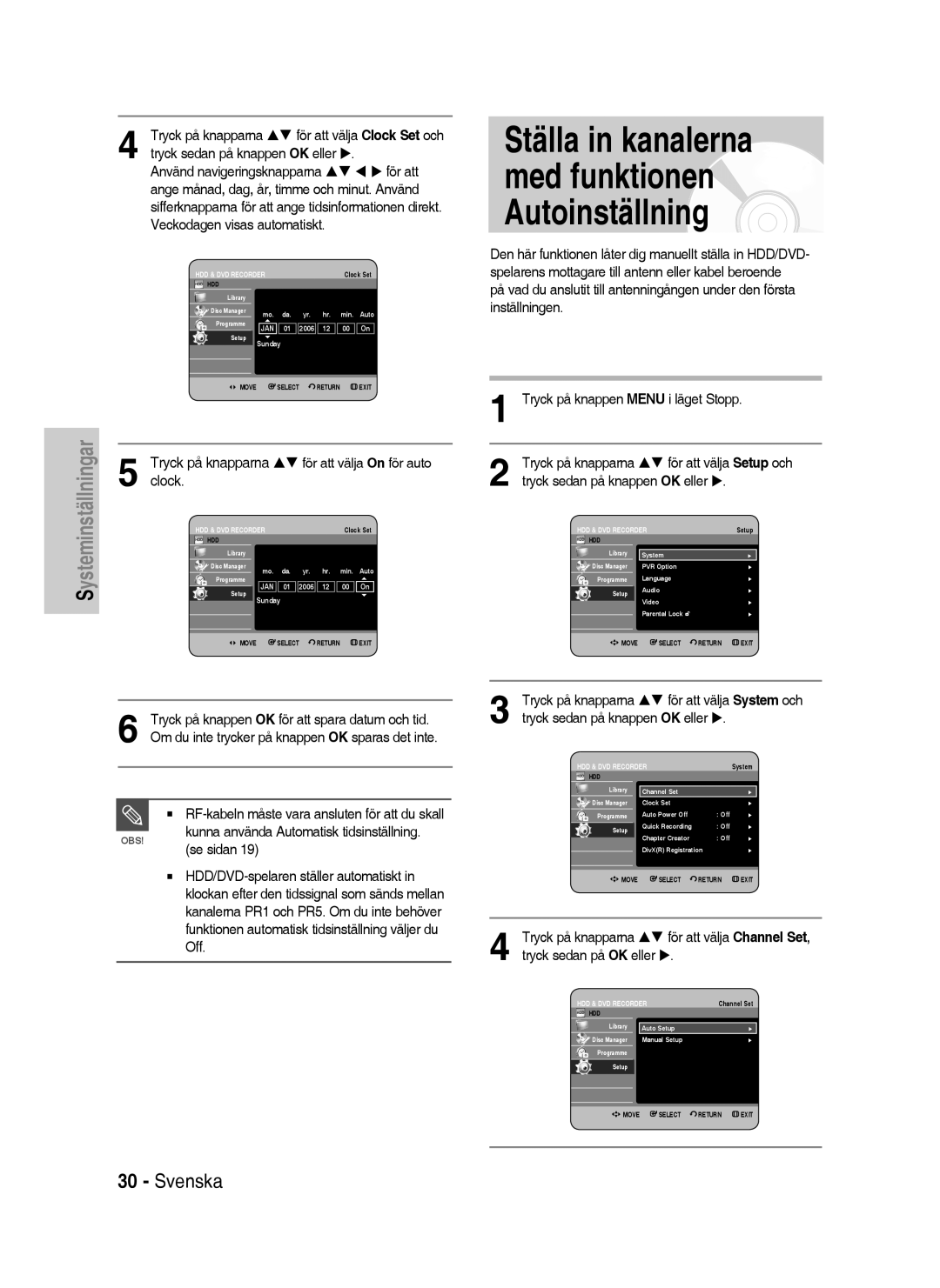 Samsung DVD-HR735/XEE, DVD-P390/XEE Ställa in kanalerna med funktionen Autoinställning, Clock, För att välja Setup och 