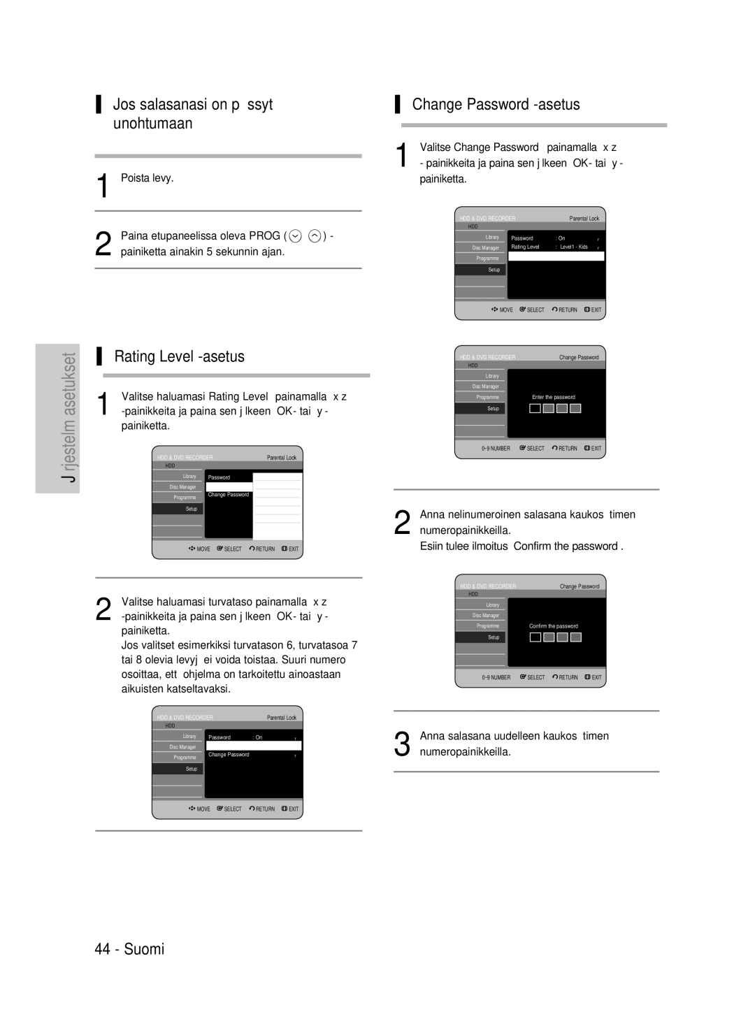 Samsung DVD-HR735/XEE, DVD-HR737/XEE Jos salasanasi on päässyt unohtumaan, Rating Level -asetus, Change Password -asetus 