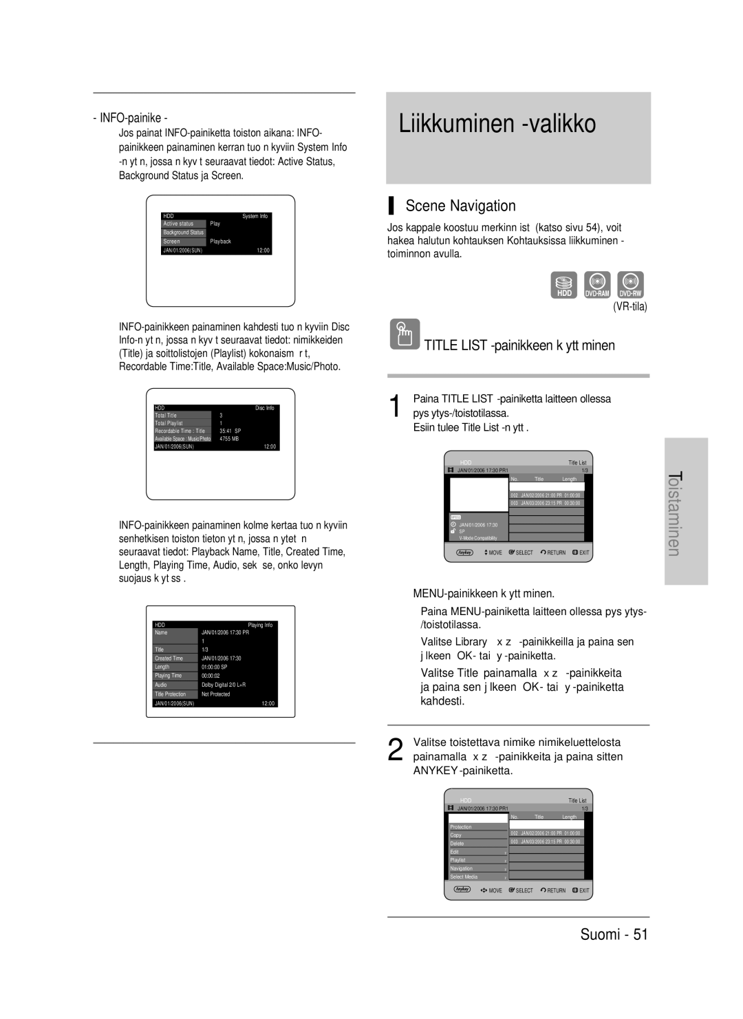 Samsung DVD-HR737/XEE, DVD-HR735/XEE, DVD-P390/XEE manual Liikkuminen -valikko, Scene Navigation, INFO-painike, VR-tila 