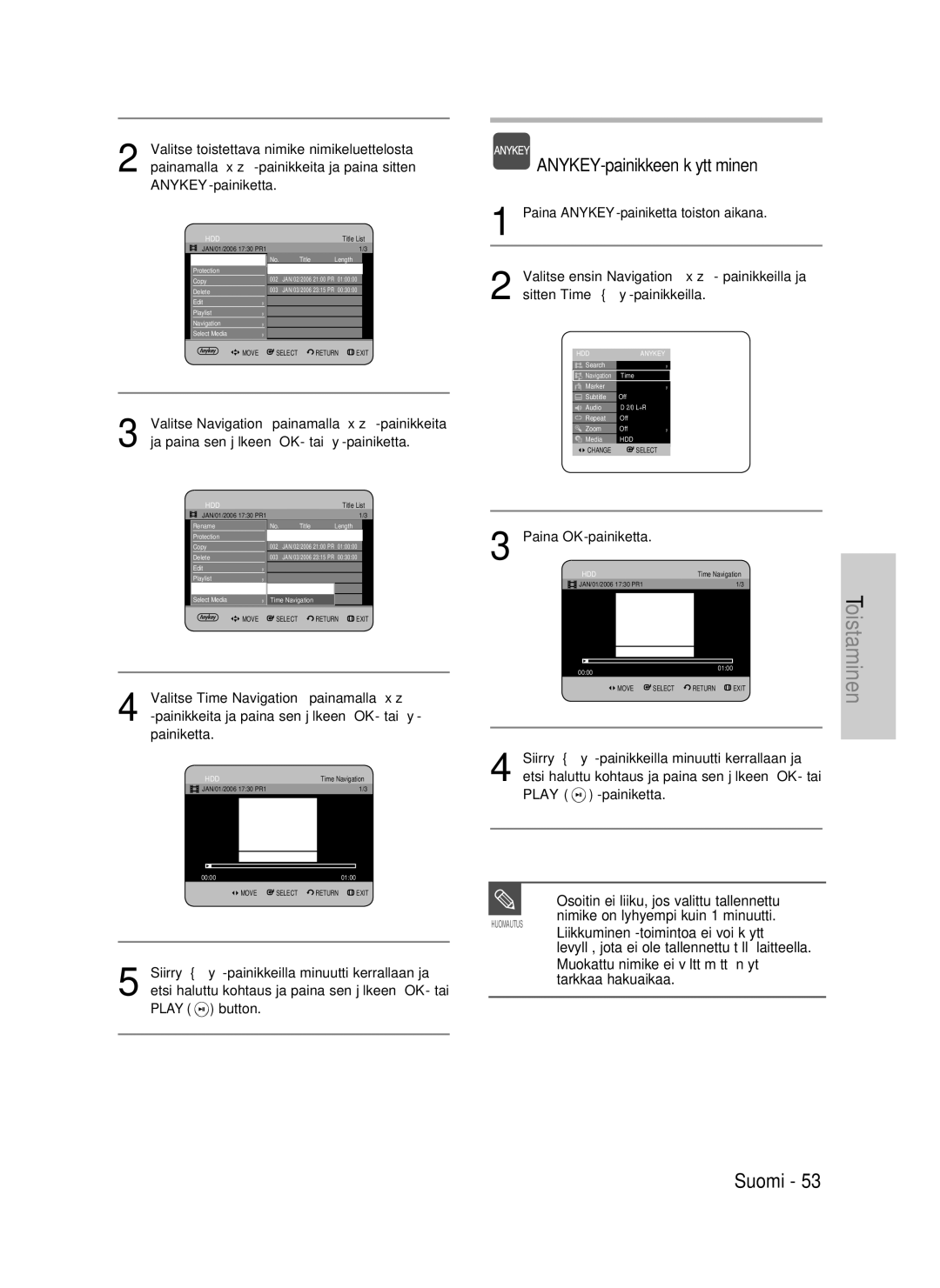 Samsung DVD-HR735/XEE, DVD-HR737/XEE manual Osoitin ei liiku, jos valittu tallennettu, Nimike on lyhyempi kuin 1 minuutti 