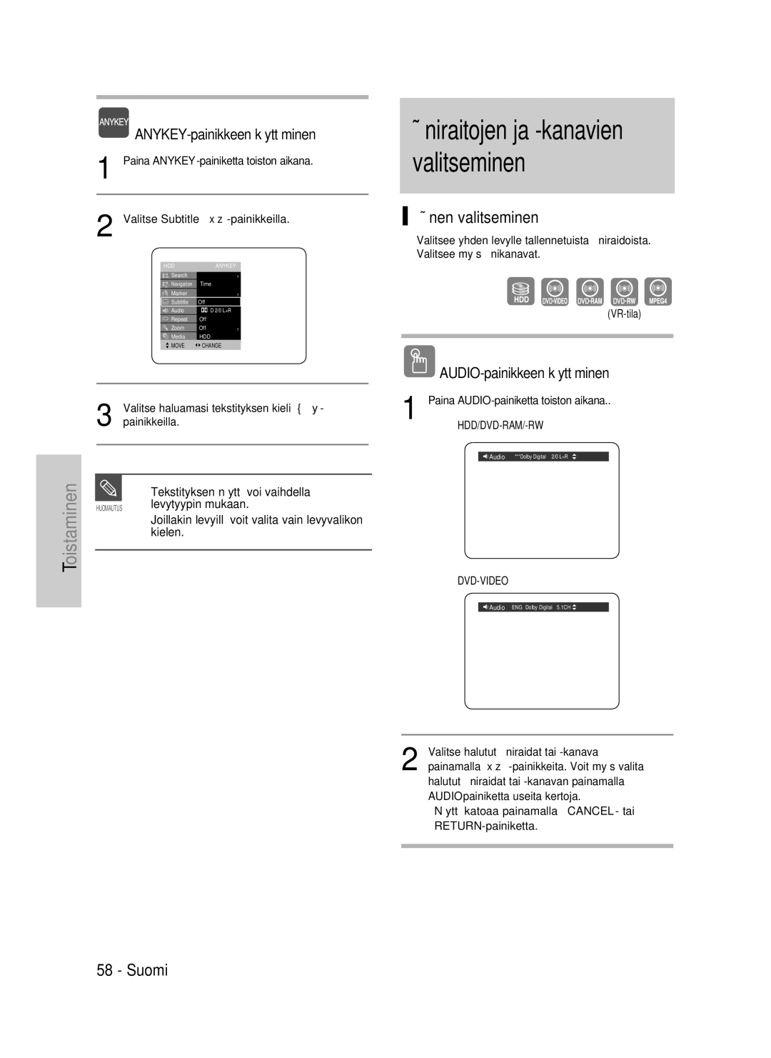 Samsung DVD-P390/XEE manual Ääniraitojen ja -kanavien valitseminen, Äänen valitseminen, AUDIO-painikkeen käyttäminen 