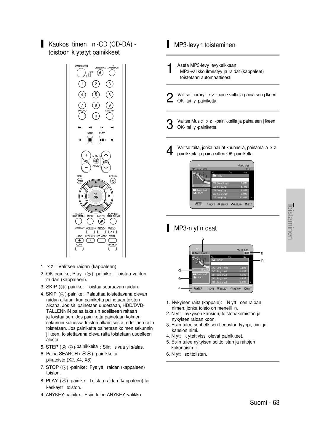 Samsung DVD-HR737/XEE MP3-levyn toistaminen, Kaukosäätimen ääni-CD CD-DA toistoon käytetyt painikkeet, MP3-näytön osat 