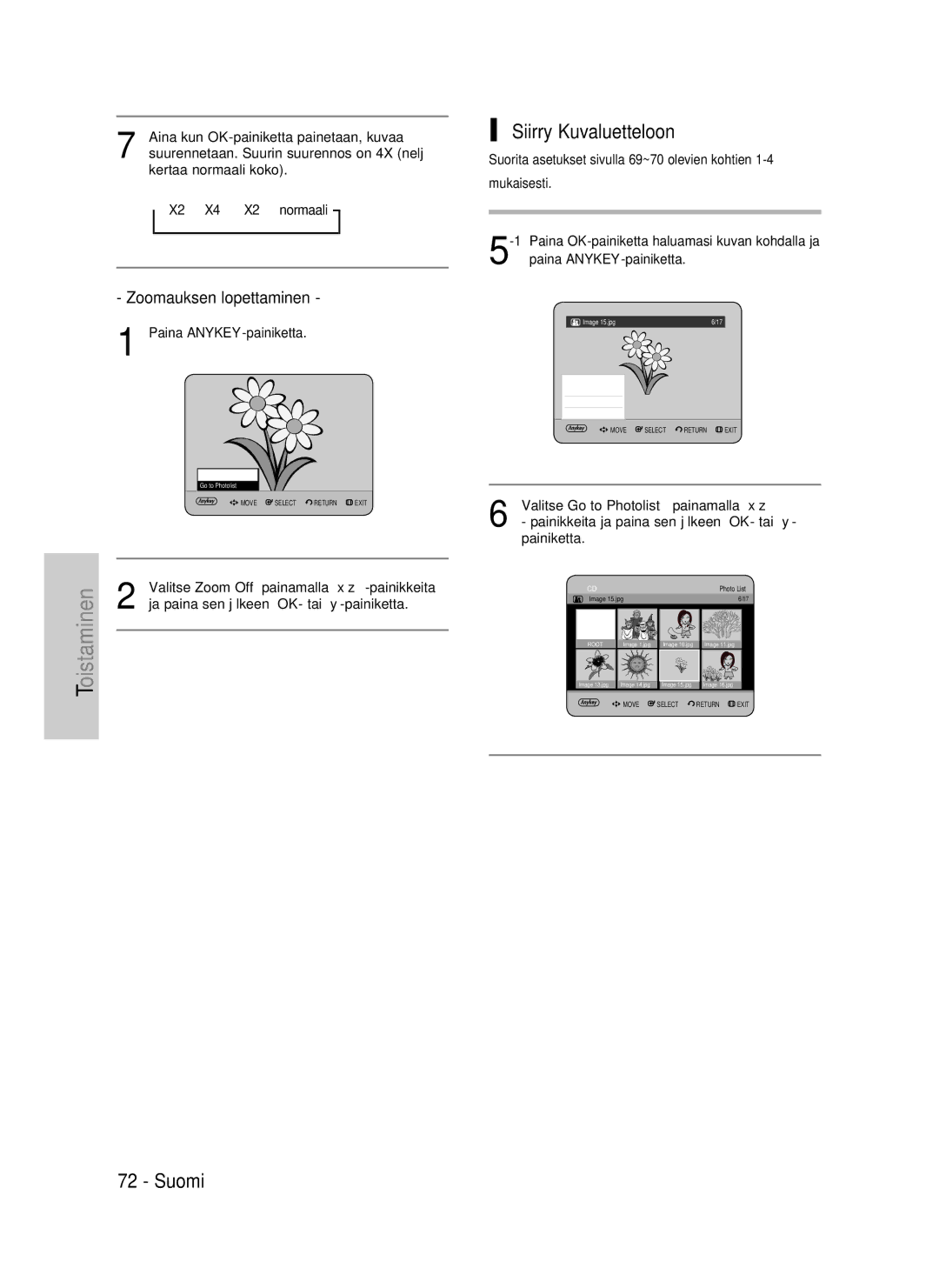 Samsung DVD-HR737/XEE, DVD-HR735/XEE, DVD-P390/XEE Suomi Siirry Kuvaluetteloon, Zoomauksen lopettaminen, X2 X4 X2 normaali 