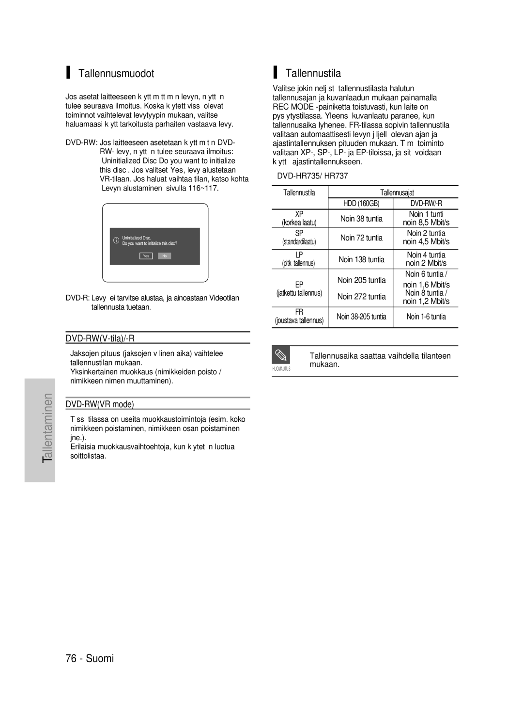 Samsung DVD-P390/XEE, DVD-HR735/XEE, DVD-HR737/XEE Tallennusmuodot, Suomi Tallennustila, DVD-RWV-tila/-R, DVD-RWVR mode 