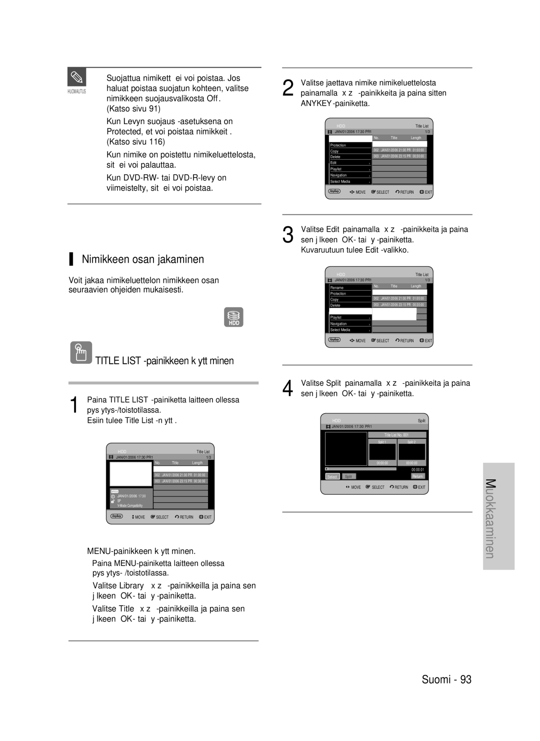 Samsung DVD-HR737/XEE Nimikkeen osan jakaminen, Suojattua nimikettä ei voi poistaa. Jos, Nimikkeen suojausvalikosta Off 