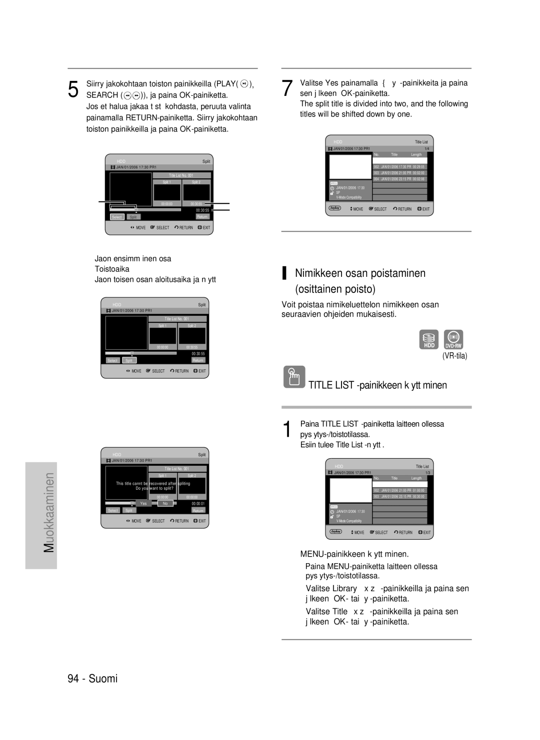 Samsung DVD-P390/XEE, DVD-HR735/XEE, DVD-HR737/XEE manual Nimikkeen osan poistaminen osittainen poisto, Search 