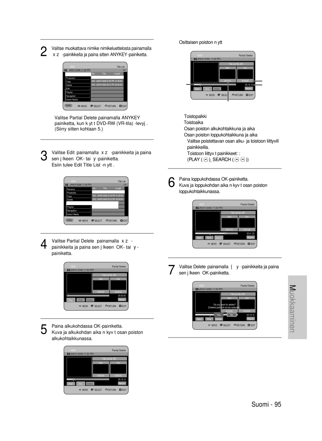 Samsung DVD-HR735/XEE manual Kuva ja loppukohdan aika näkyvät osan poiston, Loppukohtaikkunassa, Sen jälkeen OK-painiketta 