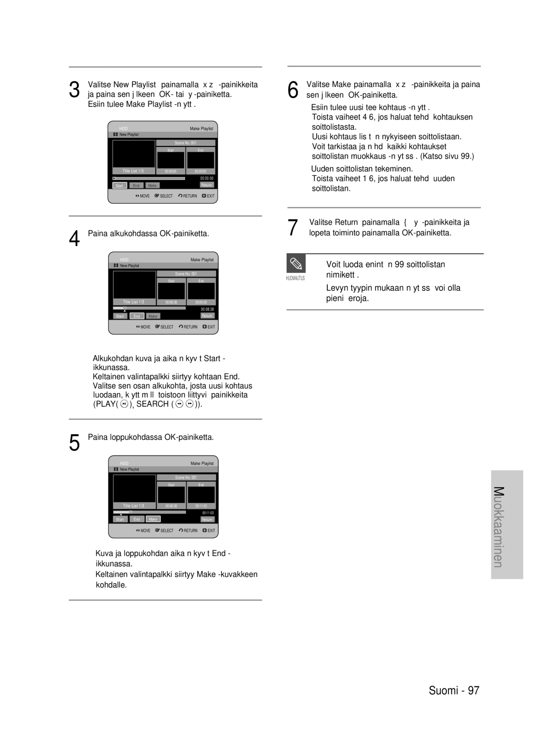 Samsung DVD-P390/XEE manual Voit luoda enintään 99 soittolistan, Levyn tyypin mukaan näytössä voi olla pieniä eroja 