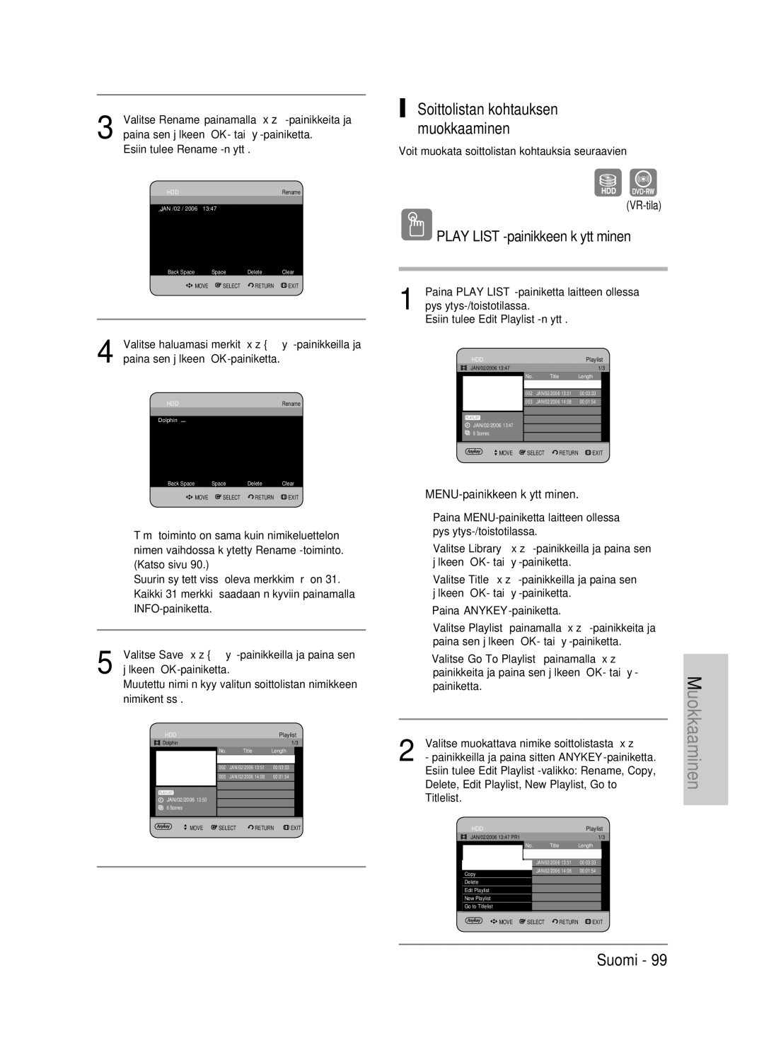 Samsung DVD-HR737/XEE, DVD-HR735/XEE, DVD-P390/XEE manual Soittolistan kohtauksen muokkaaminen 