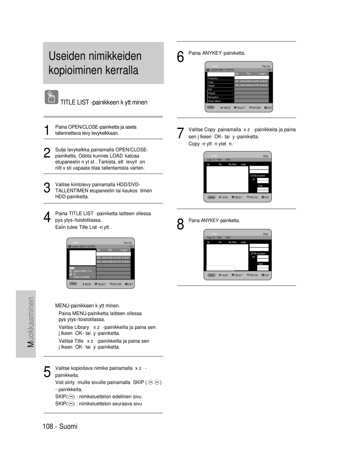 Samsung DVD-HR737/XEE, DVD-HR735/XEE manual Useiden nimikkeiden kopioiminen kerralla, Title List -painikkeen käyttäminen 