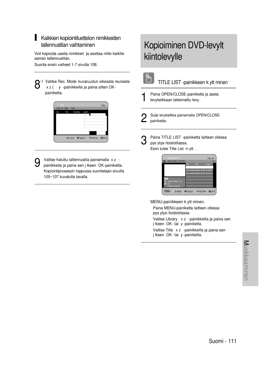 Samsung DVD-HR737/XEE, DVD-HR735/XEE manual Kopioiminen DVD-levyltä kiintolevylle, Title List -painikkeen käyttäminen 