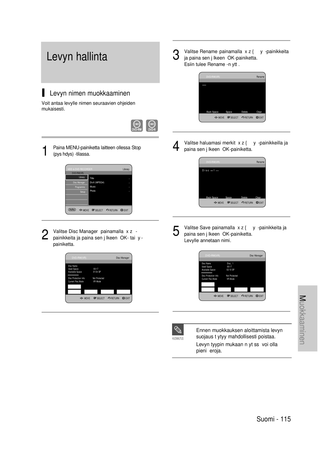 Samsung DVD-P390/XEE, DVD-HR735/XEE, DVD-HR737/XEE manual Levyn nimen muokkaaminen 