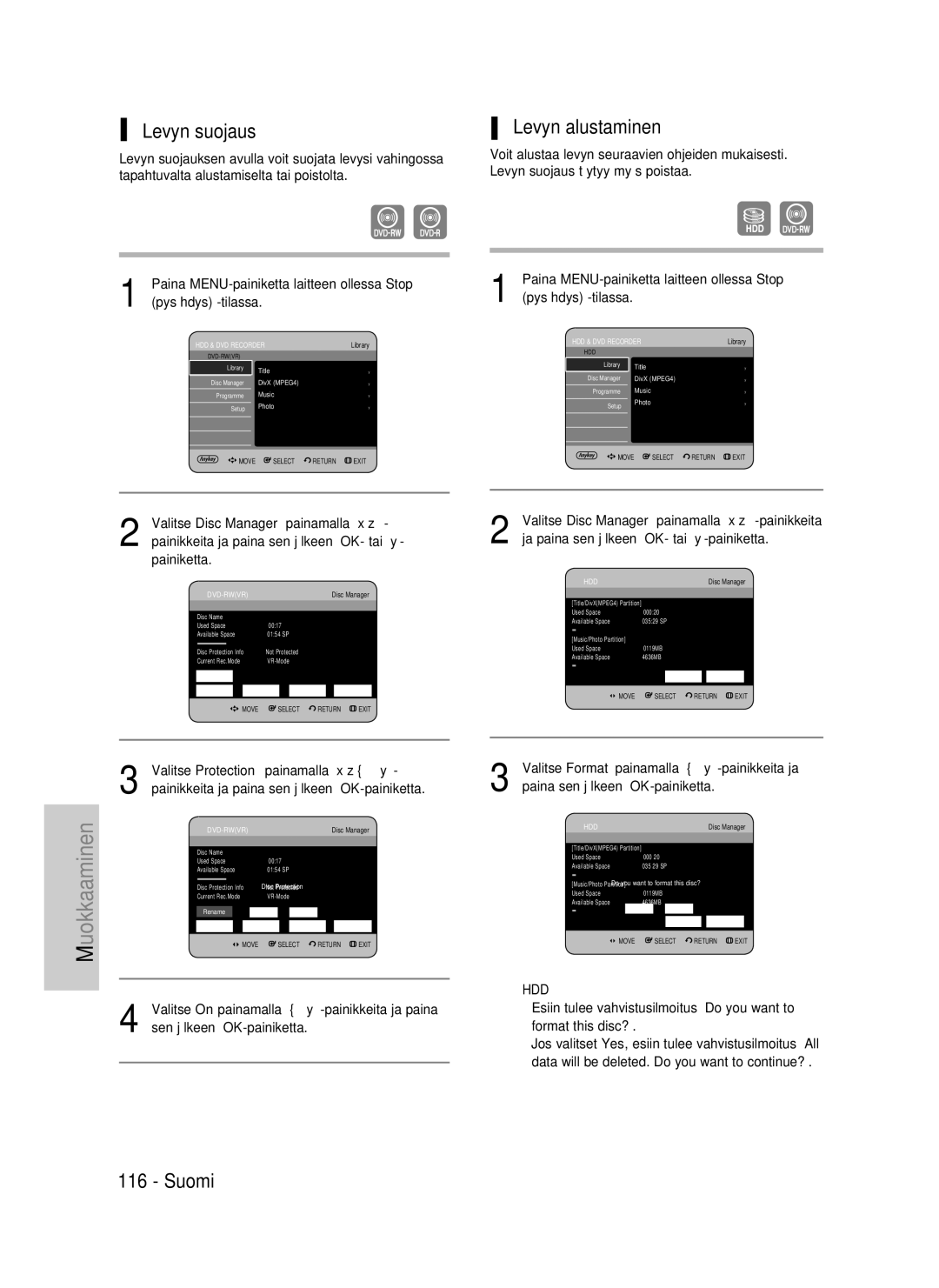 Samsung DVD-HR735/XEE, DVD-HR737/XEE, DVD-P390/XEE manual Levyn suojaus, Levyn alustaminen 