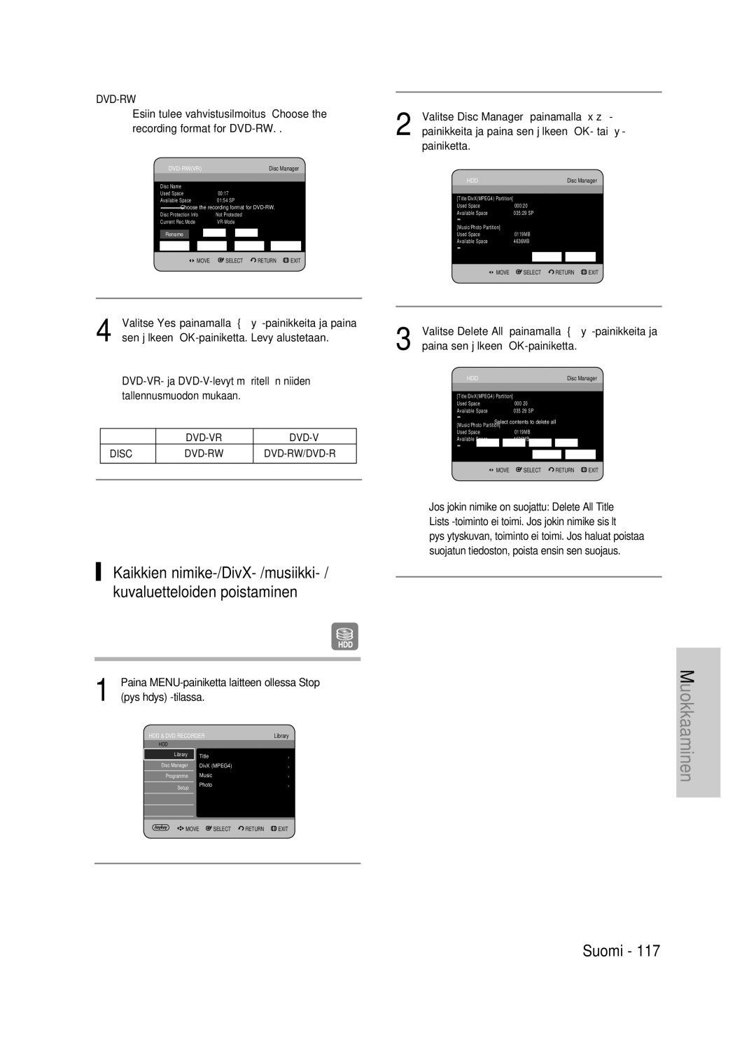 Samsung DVD-HR737/XEE, DVD-HR735/XEE, DVD-P390/XEE manual DVD-VR Disc DVD-RW DVD-RW/DVD-R 