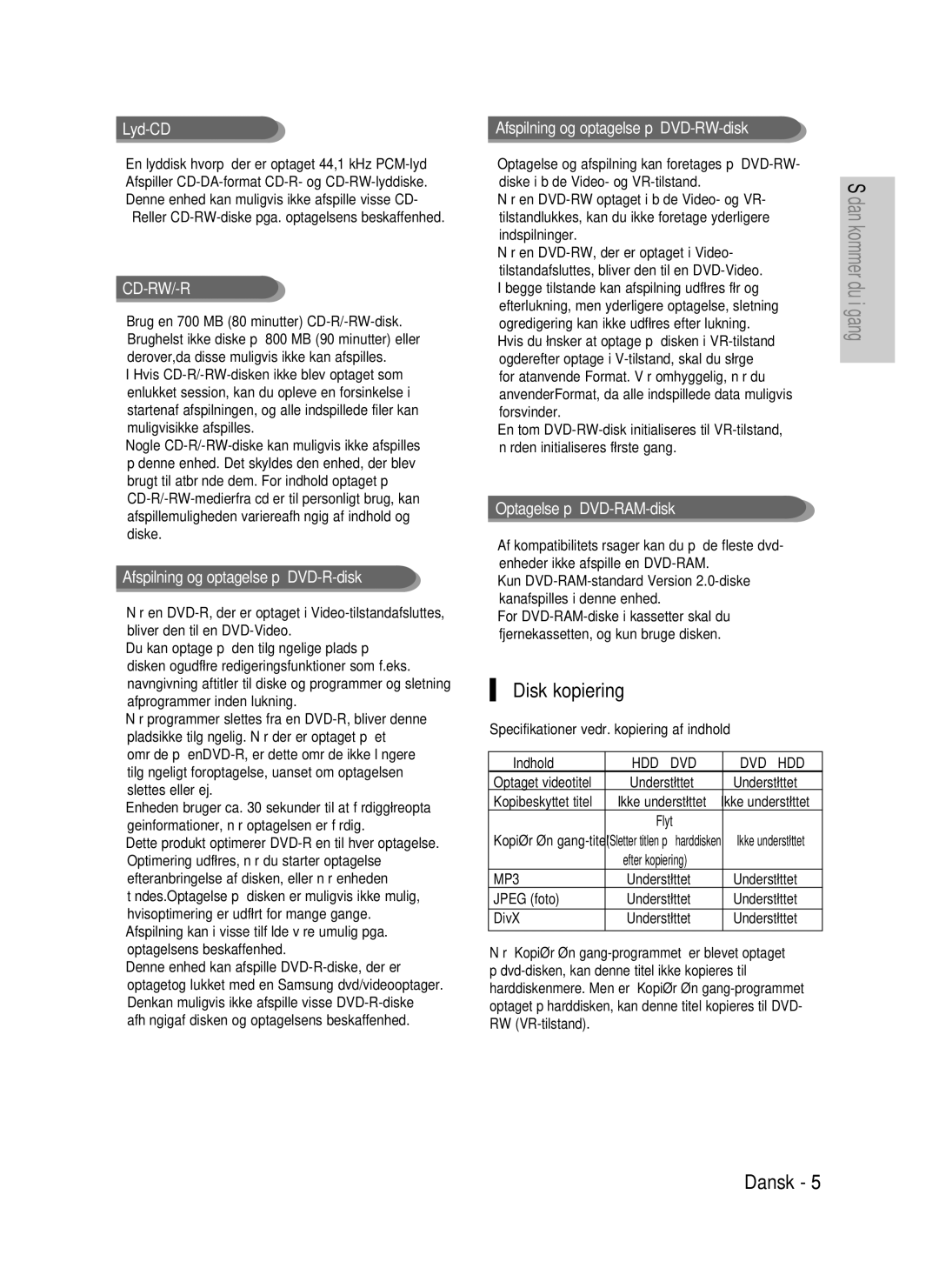 Samsung DVD-P390/XEE Disk kopiering, Lyd-CD, Afspilning og optagelse på DVD-R-disk, Afspilning og optagelse på DVD-RW-disk 