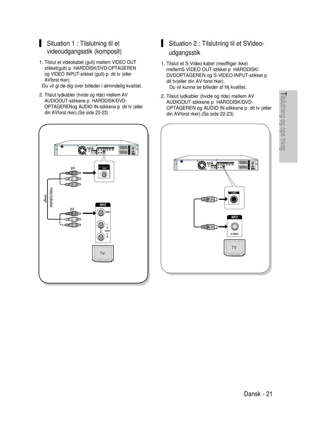 Samsung DVD-HR735/XEE, DVD-HR737/XEE, DVD-P390/XEE manual Situation 2 Tilslutning til et SVideo- udgangsstik 