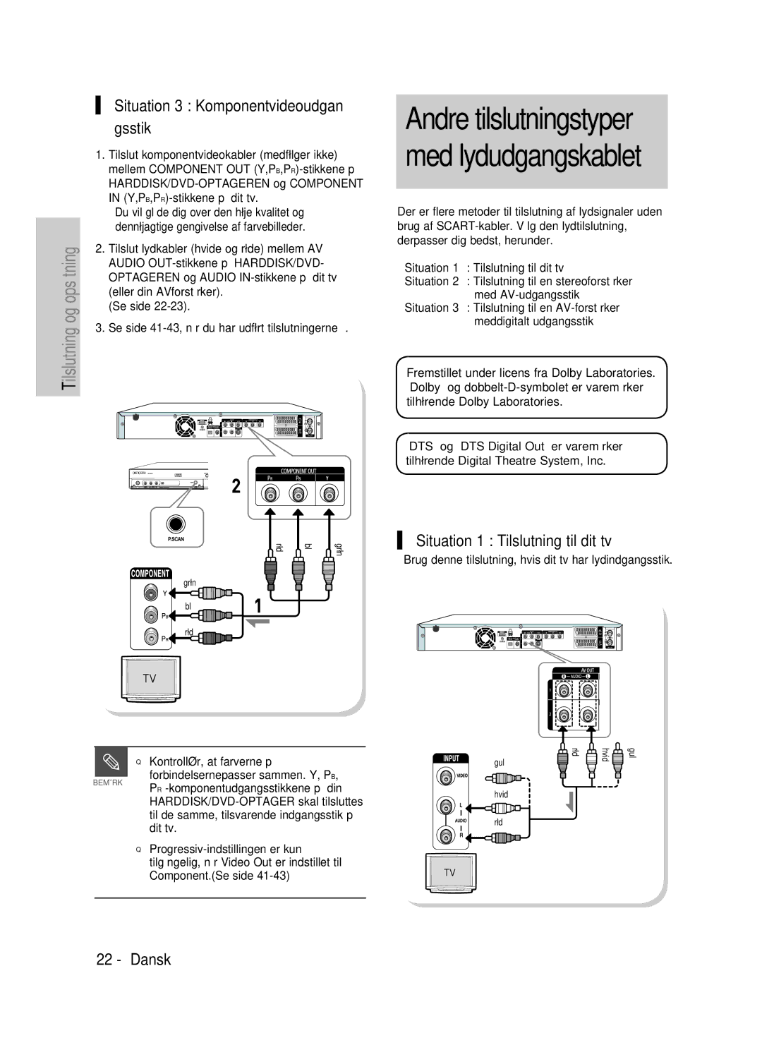 Samsung DVD-HR737/XEE, DVD-HR735/XEE manual Situation 3 Komponentvideoudgan gsstik, Situation 1 Tilslutning til dit tv 