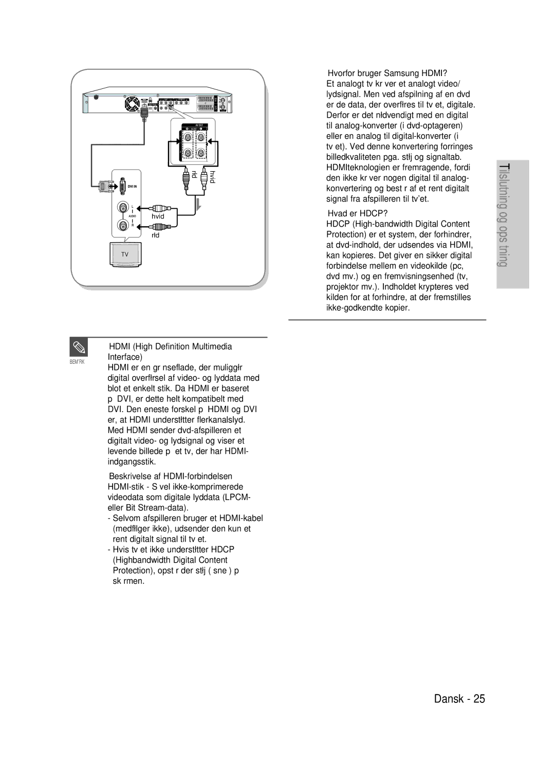 Samsung DVD-HR737/XEE, DVD-HR735/XEE, DVD-P390/XEE manual Hdmi High Definition Multimedia Bemærk Interface, Hvad er HDCP? 